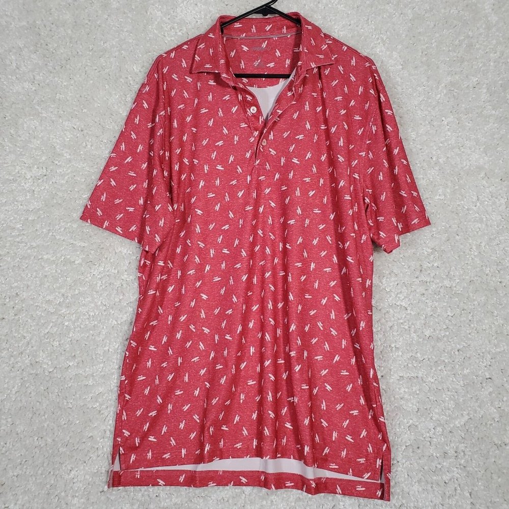 Johnnie O Polo Shirt Mens Medium Red Surfboard All Over Print Performance Casual